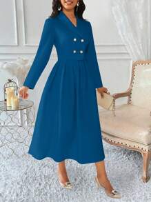 Lyxana Women's Double-Breasted Pleated Suit Skirt Set - Teal Blue - View 5