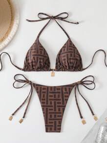 Swim Vcay Set de bikini de 2 piezas para mujer con estampado aleatorio, tirantes de espagueti y decoración metálica en estilo vintage para primavera y verano - Café integral - Ver 3
