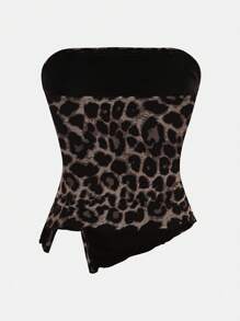 SHEIN Girlism Teen Girl Leopard Print Knitted Mesh Hem Slit Ruched Bandeau Tank Top