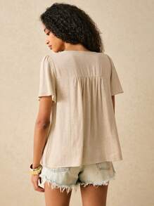 Poéselle 波西米亚风度假宽松衬衫，带蕾丝装饰，亚麻混纺乡村风格，夏季衬衫，短袖，舒适面料 - 杏色 - 查看 8