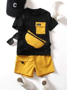 SHEIN Set Di 3 Pezzi Maglietta, Pantaloncini E Borsa Per Ragazzi Giovani Per Look Casual, Carino, Sportivo E Alla Moda Per Primavera Ed Estate