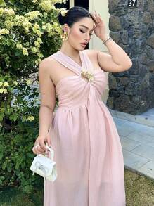 SHEIN Clasi Plus Size Women Metal 3D Floral Decor Ruffle Neck Dress - Baby Pink - View 4
