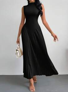 SHEIN PETITE 女士优雅褶皱紧身 A 字形连衣裙 - 黑色 - 查看 8