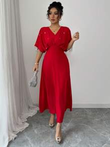 Chiquease 女士休闲 V 领收腰 A 字形连衣裙，优雅，适合派对、约会、奢华、阿拉伯、简约、日常穿着 - 紅色 - 查看 5