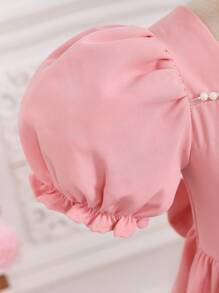 SHEIN 年轻女孩编织纯色泡泡袖修身连衣裙、婚礼、花童、大蝴蝶结、珍珠 - 粉色 - 查看 7