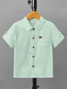 SHEIN Leap Crew Young Boy Plain Color Single-Breasted Casual Fashion Shirt - Mint Green - View 6