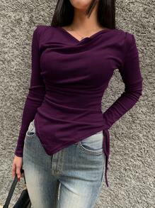 DAZY Women Plain Scoop Neck Long Sleeve Side Drawstring Casual T-Shirt - Purple - View 3