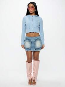 SUMWON WOMEN 女式短款拉链针织连帽开衫，做旧下摆，秋冬分层毛衣，罗纹袖口，运动休闲