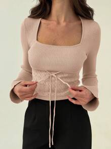 Aloruh Women Casual Solid Color Texture Patchwork Spring Sweater - Khaki - View 6