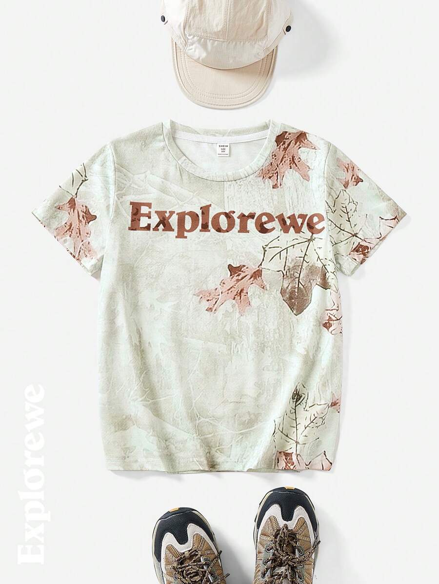 SHEIN Tricou cu mânecă scurtă în aer liber cu imprimeu de frunze pentru fete Tween