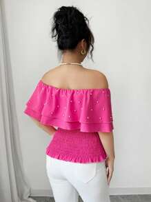 Elenzga Women's Woven Bubble Beads Elegant Summer Regular Shirt - Hot Pink - View 2