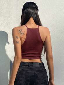 DAZY 夏季女式紧身超短休闲细肩带吊带背心上衣学院风上衣短款女式上衣 - 酒紅色 - 查看 3