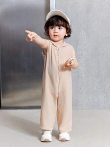 米色/浅黄色幼儿男女款无袖连帽连体裤休闲百搭夏季服装，适合室内和室外 - 杏色 - 查看 4