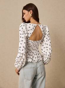 Poéselle Women's Sweetheart Neck Long Sleeve Bow Print Pearl Hem Split Blouse - White - View 5