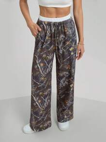 SHEIN Tall Women's Branch Print Drawstring Waist Wide-Leg Casual Pants, Tall Women - Multicolor - View 7