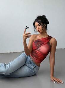 Aloruh Women's Elegant Sexy Tie Dye Print Mesh Rouched Tie-Front Cropped Top, Sleeveless Y2K Clothing Cold Shoulder Top - Red - View 4