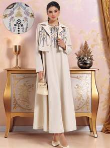 Al Najma Conservative Casual Embroidered Women's Arabic Set,Modest - Beige - View 1