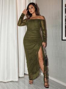 SHEIN BAE 大码女式网眼露肩褶饰荷叶边浪漫飘逸优雅派对长款紧身绿色连衣裙