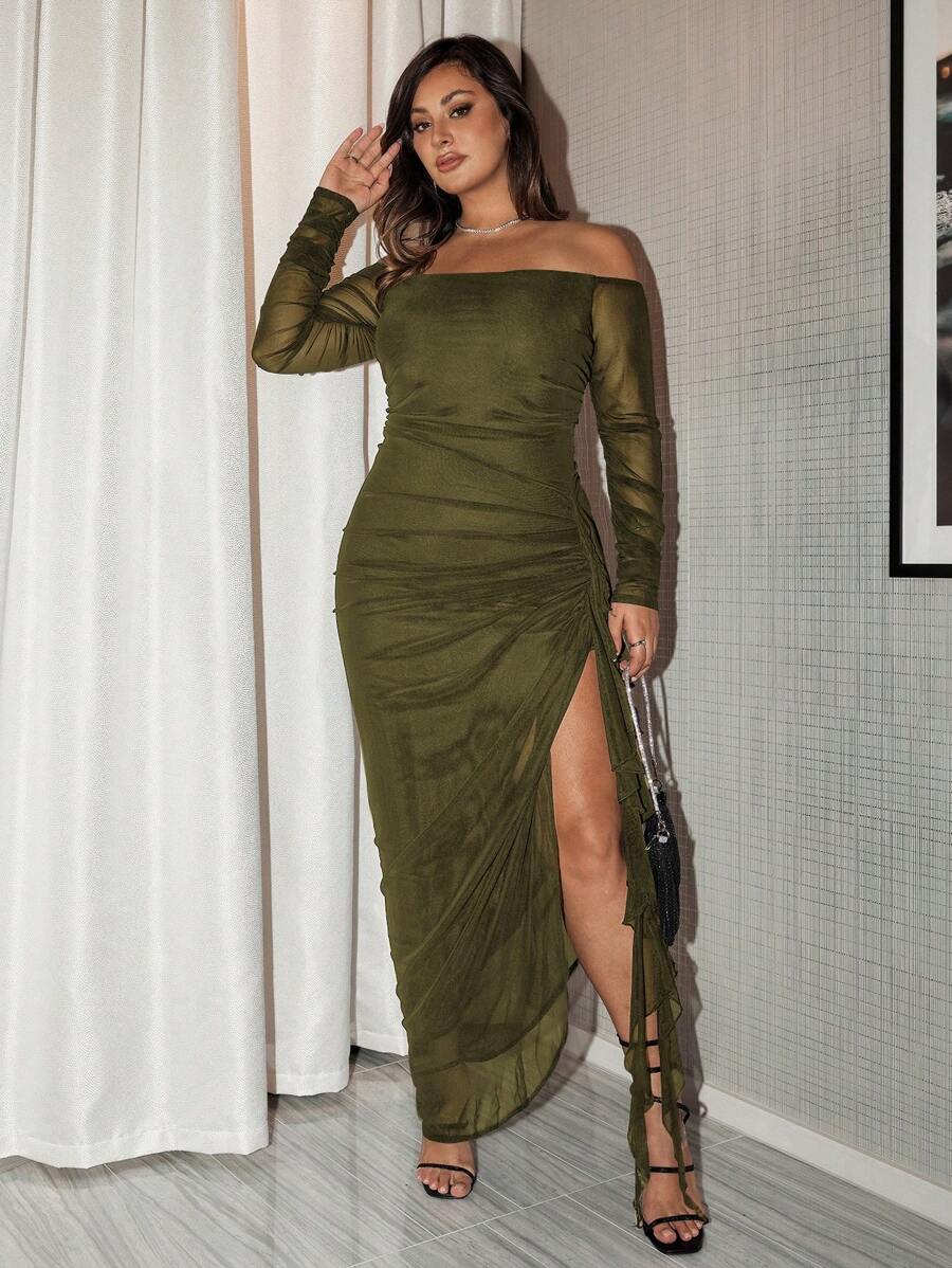 SHEIN BAE 大码女式网眼露肩褶饰荷叶边浪漫飘逸优雅派对长款紧身绿色连衣裙