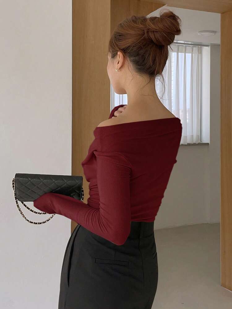 Women's T-Shirt, Chinese New Year , Off Shoulder, Wrap Design, Encore Red, Autumn/Spring Long Sleeve Women Tops