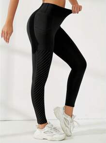 INAWLY 女士高腰条纹口袋休闲紧身裤，百搭 - 黑色 - 查看 7