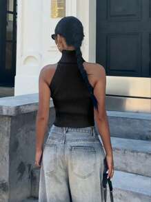 Flirla Slim Fit High Collar Women Knitted Top, Minimalist & Fashionable For Summer - Black - View 2