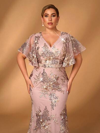 Serin Plus Size Elegant Romantic Deep Pink V Neck Ruffle Sleeves Luxury Sequin Fishtail Hem Heavy Mother Of The Bride Gown