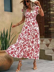 SHEIN Clasi New Floral Print Butterfly Sleeve Ruffle Hem Sexy Bohemian Maxi Swing Dress, Suitable For Vacation & Commute - Red - View 4