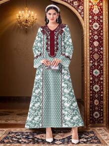 Al Najma 阿拉伯休闲简约阿拉伯风格印花 Jalabiya 连衣裙、简约全长连衣裙、卡夫坦 - 白色 - 查看 5