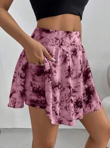 SHEIN Essnce Women's Summer Tie-Dye High Waist Sports Skirt With Side Pockets, Casual & Anti-Exposure