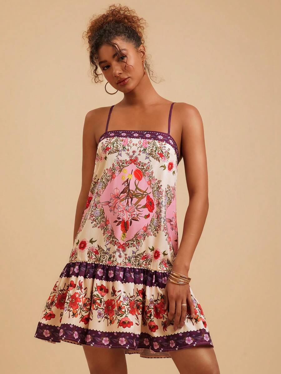 SHEIN TRVLCHIC 女式印花吊带迷你连衣裙，休闲时尚，女士夏季服装，夏季，女士度假服装，女士夏季连衣裙 - 粉色 - 查看 1
