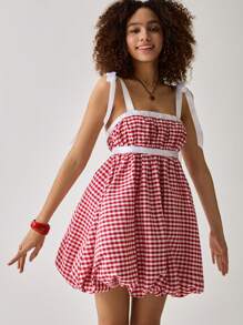 Easelle Women's Sweet Casual Vacation Red & White Checkered Bow Knot Mini Dress, Spring/Summer - Red and White - View 3