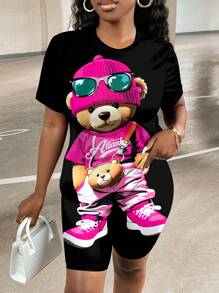 Slaydiva 2 件套大码女士休闲可爱卡通熊短袖 T 恤和短裤套装，夏季 - 黑色 - 查看 5