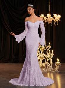 Glamrae Elegant Luxurious Off Shoulder Flared Elastic Lace Sexy Sheer Backless Mermaid Hem Maxi Dress, Suitable For Wedding, Party, Holiday, Graduation Season, Bride - Mauve Purple - View 5