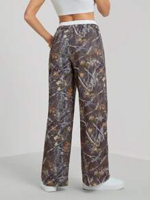 SHEIN Tall Women's Branch Print Drawstring Waist Wide-Leg Casual Pants, Tall Women - Multicolor - View 2