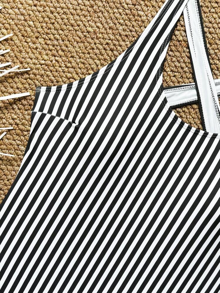 Swim SPRTY New Summer Women Sleeveless Backless Criss Cross Strap Striped Print Casual Sports One Piece Swimsuit - Black and White - View 3