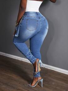 Slaydiva Street Style Patchwork 2 In 1 Skinny Jeggings For Women - Blue - View 3