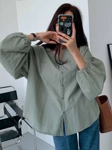 DAZY Solid Drop Shoulder Button Through Shirt,Fall Clothes Preppy Tops Long Sleeve Top - Green - View 8