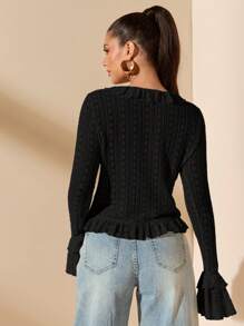 SHEIN BAE 杏色蕾丝上衣，系带细节，荷叶边下摆，甜美性感，适合春季、夏季、情人节、派对、约会、伴娘、通勤、生日 - 黑色 - 查看 2