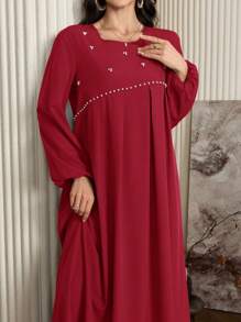 Al Najma 女式优雅长袖阿拉伯风格连衣裙，带串珠装饰，优雅 A 字型阿拉伯连衣裙，适合日常休闲