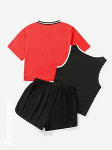 3pcs/Set Teens Girls Summer Casual Short Sleeve T-Shirt Top, Vest And Shorts Sports Activewear Set - Multicolor - View 2