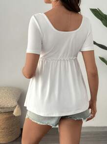 SHEIN Maternity Solid Color Square Neck Short Sleeve Button Placket Casual T-Shirt - White - View 2