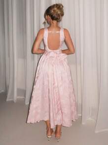 Relinas 早春新款女士方领蝴蝶结后绑带泡泡袖休闲派对中长连衣裙