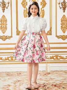 SHEIN Leap Crew 青少年女孩优雅领口荷叶边和水钻装饰衬衫上衣和裙子 2 件套 - 白色 - 查看 8