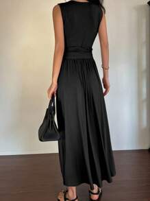 DAZY Váy không tay cổ chữ V buộc eo cho nữ, váy dài mùa hè thanh lịch, váy suông công sở cho nữ, váy trang trọng cho nữ - màu đen - Xem 2