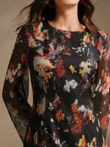 Anewsta 女士花卉印花长袖连衣裙，优雅时尚的乡村风格度假连衣裙 - 黑色 - 查看 3