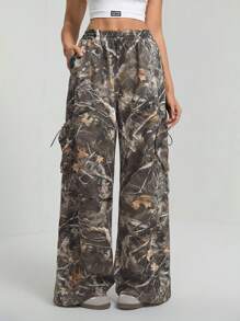 SHEIN Tall Women's Branch Print Baggy Wide Leg Loose Cargo Pants - Army Green - View 1