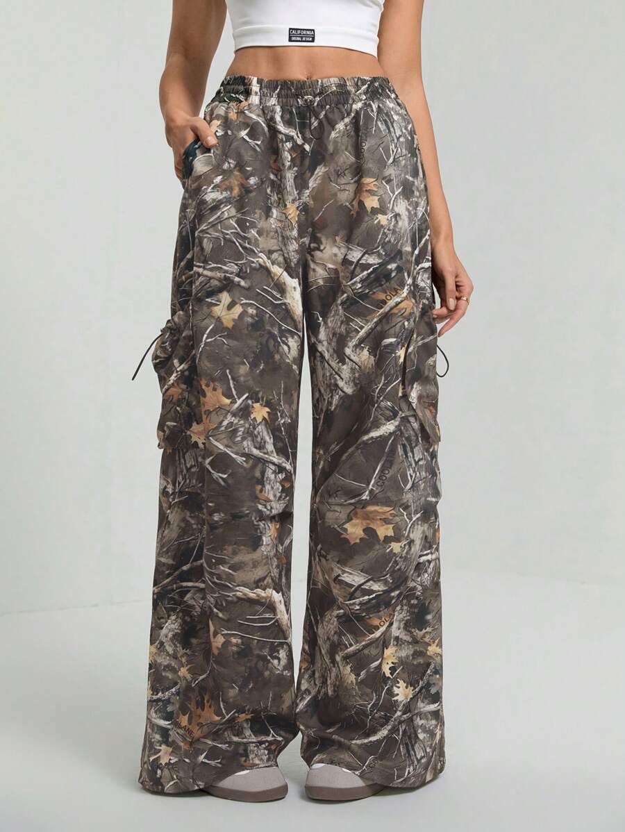 SHEIN Tall Women's Branch Print Baggy Wide Leg Loose Cargo Pants - Army Green - View 1