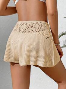 SHEIN Swim Springbreak Vacation Casual Solid Color Hollow Out Knit Cover Up & Shorts Set