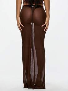 SUMWON WOMEN Váy Maxi Lưới Trong Suốt Cạp Cao Dài Đến Sàn Trong Suốt Phủ Váy Dạ Hội Lễ Hội Bãi Biển Nhiều Lớp Thiết Kế Thời Trang - Cà phê nâu - Xem 2